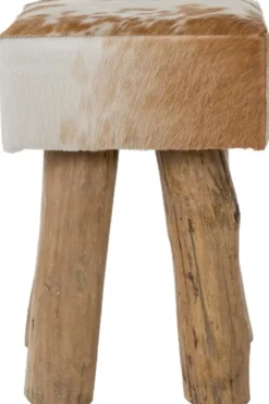 Casa Padrino Landhausstil Fellhocker Braun / Weiß / Naturfarben 30 x 30 x H. 45 cm - Sitzhocker mit Massivholz Beinen
