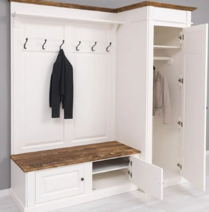 Casa Padrino Landhausstil Garderobenschrank Weiß / Braun 205 x 65 x H. 210 cm - Massivholz Garderobe - Flur Schrank - Garderoben Möbel - Massivholz Möbel - Landhausstil Möbel