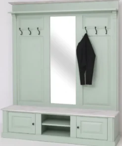 Casa Padrino Landhausstil Garderobe Mintgrün / Grau 180 x 41 x H. 210 cm - Massivholz Garderobenschrank mit Spiegel - Massivholz Garderobenmöbel - Landhausstil Garderobenmöbel