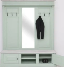 Casa Padrino Landhausstil Garderobe Mintgrün / Grau 180 x 41 x H. 210 cm - Massivholz Garderobenschrank mit Spiegel - Massivholz Garderobenmöbel - Landhausstil Garderobenmöbel