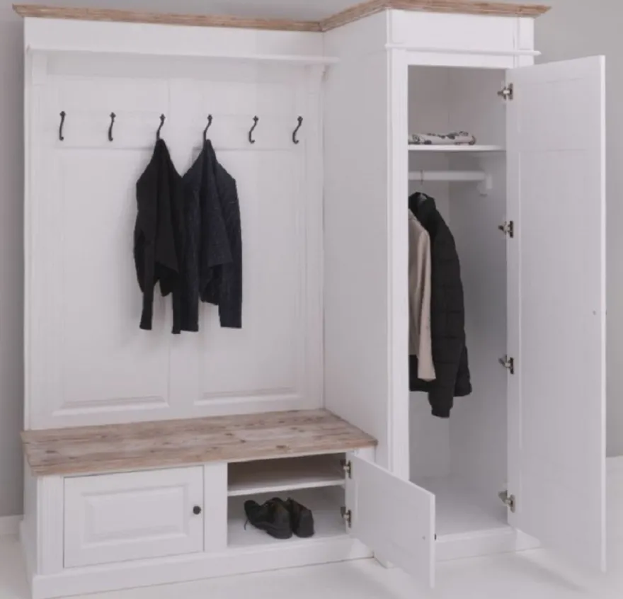 Casa Padrino Landhausstil Garderobenschrank Weiß / Naturfarben 205 x 65 x H. 210 cm - Massivholz Garderobe - Flur Schrank - Flurmöbel - Garderoben Möbel - Massivholz Möbel - Landhausstil Möbel