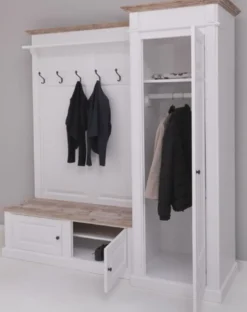 Casa Padrino Landhausstil Garderobenschrank Weiß / Naturfarben 205 x 65 x H. 210 cm - Massivholz Garderobe - Flur Schrank - Flurmöbel - Garderoben Möbel - Massivholz Möbel - Landhausstil Möbel