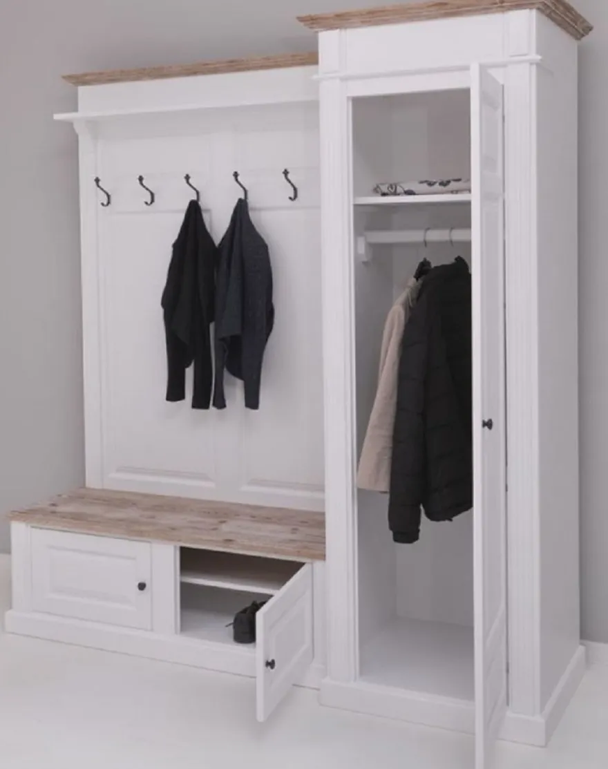 Casa Padrino Landhausstil Garderobenschrank Weiß / Naturfarben 205 x 65 x H. 210 cm - Massivholz Garderobe - Flur Schrank - Flurmöbel - Garderoben Möbel - Massivholz Möbel - Landhausstil Möbel