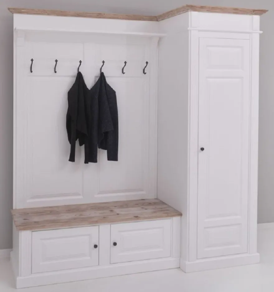 Casa Padrino Landhausstil Garderobenschrank Weiß / Naturfarben 205 x 65 x H. 210 cm - Massivholz Garderobe - Flur Schrank - Flurmöbel - Garderoben Möbel - Massivholz Möbel - Landhausstil Möbel