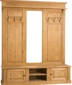 Casa Padrino Landhausstil Garderobe Naturfarben 180 x 41 x H. 210 cm - Massivholz Garderobenschrank mit Spiegel - Landhausstil Garderobenmöbel
