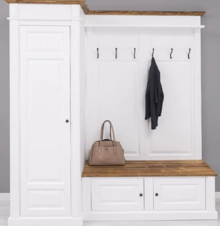 Casa Padrino Landhausstil Garderobenschrank Weiß / Braun 205 x 65 x H. 210 cm - Massivholz Garderobe - Flur Schrank - Flurmöbel - Garderoben Möbel - Massivholz Möbel - Landhausstil Möbel