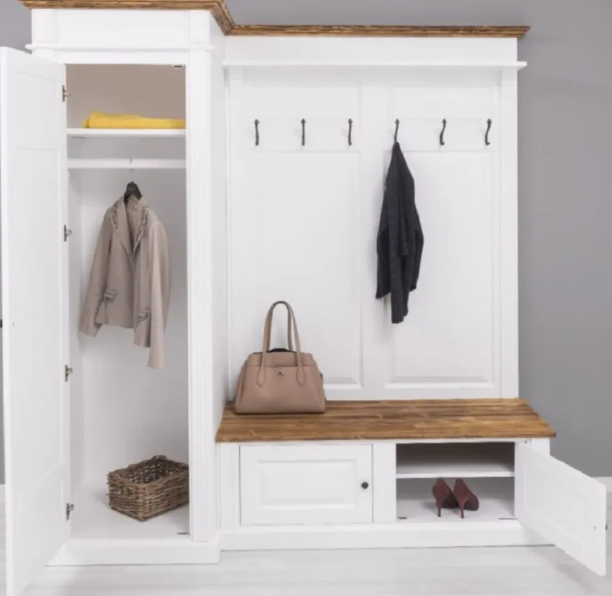 Casa Padrino Landhausstil Garderobenschrank Weiß / Braun 205 x 65 x H. 210 cm - Massivholz Garderobe - Flur Schrank - Flurmöbel - Garderoben Möbel - Massivholz Möbel - Landhausstil Möbel