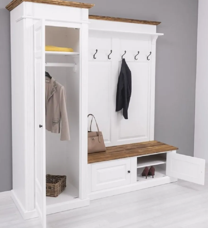 Casa Padrino Landhausstil Garderobenschrank Weiß / Braun 205 x 65 x H. 210 cm - Massivholz Garderobe - Flur Schrank - Flurmöbel - Garderoben Möbel - Massivholz Möbel - Landhausstil Möbel