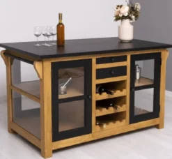 Casa Padrino Landhausstil Kücheninsel Schwarz / Naturfarben 150 x 90 x H. 90 cm - Massivholz Küchenschrank - Landhausstil Massivholz Küchen Möbel - Massivholz Esszimmer Möbel im Landhausstil