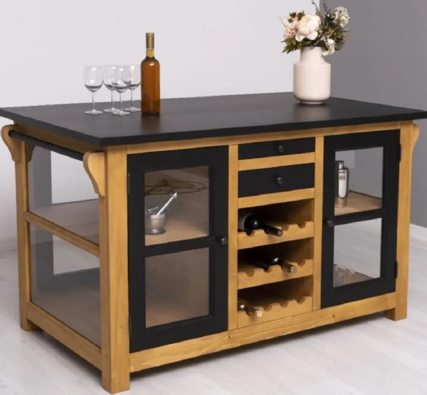 Casa Padrino Landhausstil Kücheninsel Schwarz / Naturfarben 150 x 90 x H. 90 cm - Massivholz Küchenschrank - Landhausstil Massivholz Küchen Möbel - Massivholz Esszimmer Möbel im Landhausstil