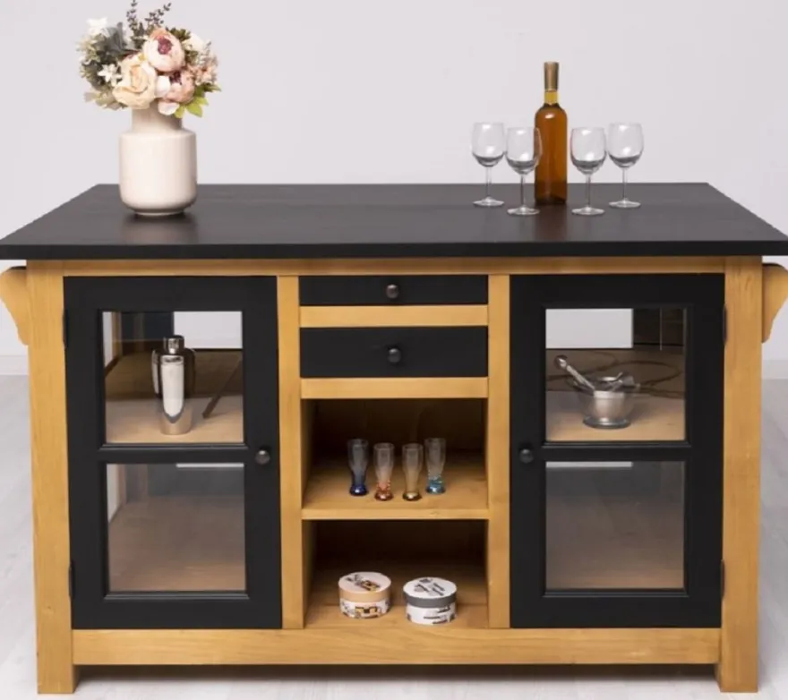 Casa Padrino Landhausstil Kücheninsel Schwarz / Naturfarben 150 x 90 x H. 90 cm - Massivholz Küchenschrank - Landhausstil Massivholz Küchen Möbel - Massivholz Esszimmer Möbel im Landhausstil