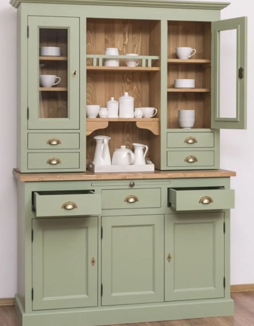 Casa Padrino Landhausstil Küchenschrank Grün / Braun 137 x 50 x H. 197 cm - 2 Teiliger Küchenschrank mit 5 Türen und 7 Schubladen - Landhausstil Küchenmöbel