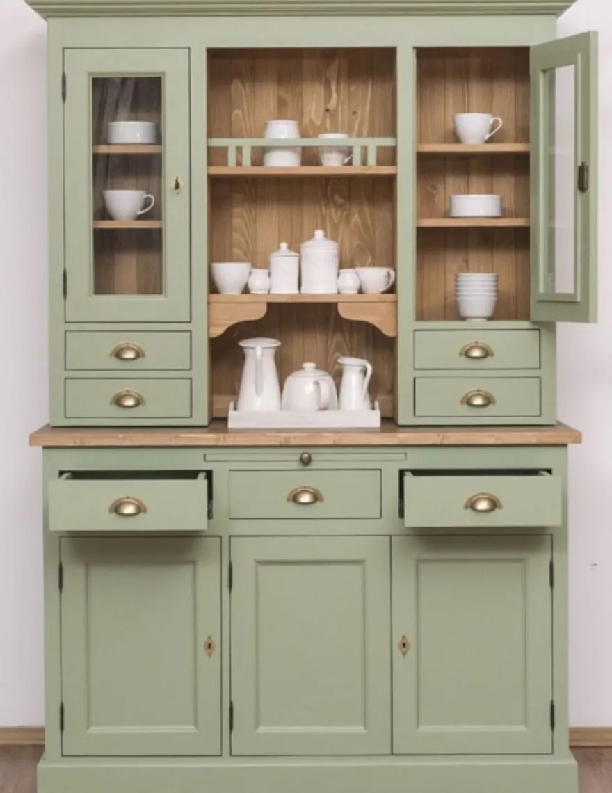 Casa Padrino Landhausstil Küchenschrank Grün / Braun 137 x 50 x H. 197 cm - 2 Teiliger Küchenschrank mit 5 Türen und 7 Schubladen - Landhausstil Küchenmöbel