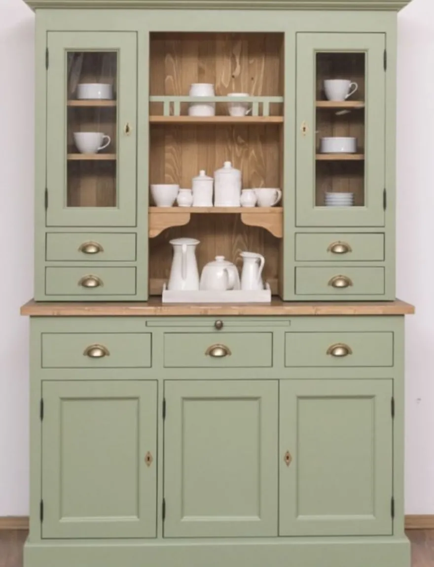 Casa Padrino Landhausstil Küchenschrank Grün / Braun 137 x 50 x H. 197 cm - 2 Teiliger Küchenschrank mit 5 Türen und 7 Schubladen - Landhausstil Küchenmöbel