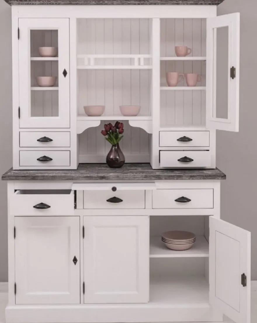 Casa Padrino Landhausstil Küchenschrank Weiß / Dunkelgrau 138 x 50 x H. 197 cm - 2 Teiliger Küchenschrank mit 5 Türen und 7 Schubladen - Landhausstil Küchenmöbel