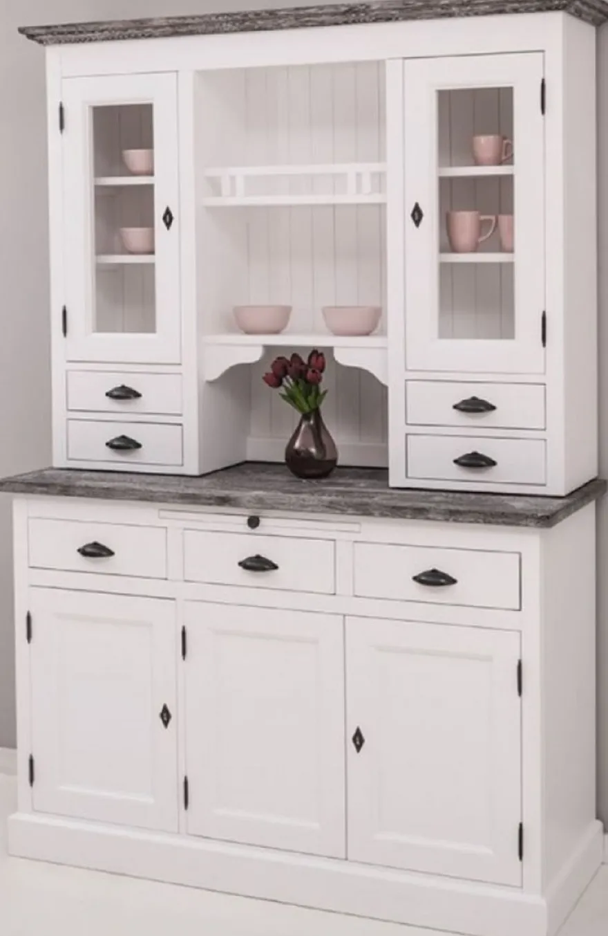 Casa Padrino Landhausstil Küchenschrank Weiß / Dunkelgrau 138 x 50 x H. 197 cm - 2 Teiliger Küchenschrank mit 5 Türen und 7 Schubladen - Landhausstil Küchenmöbel