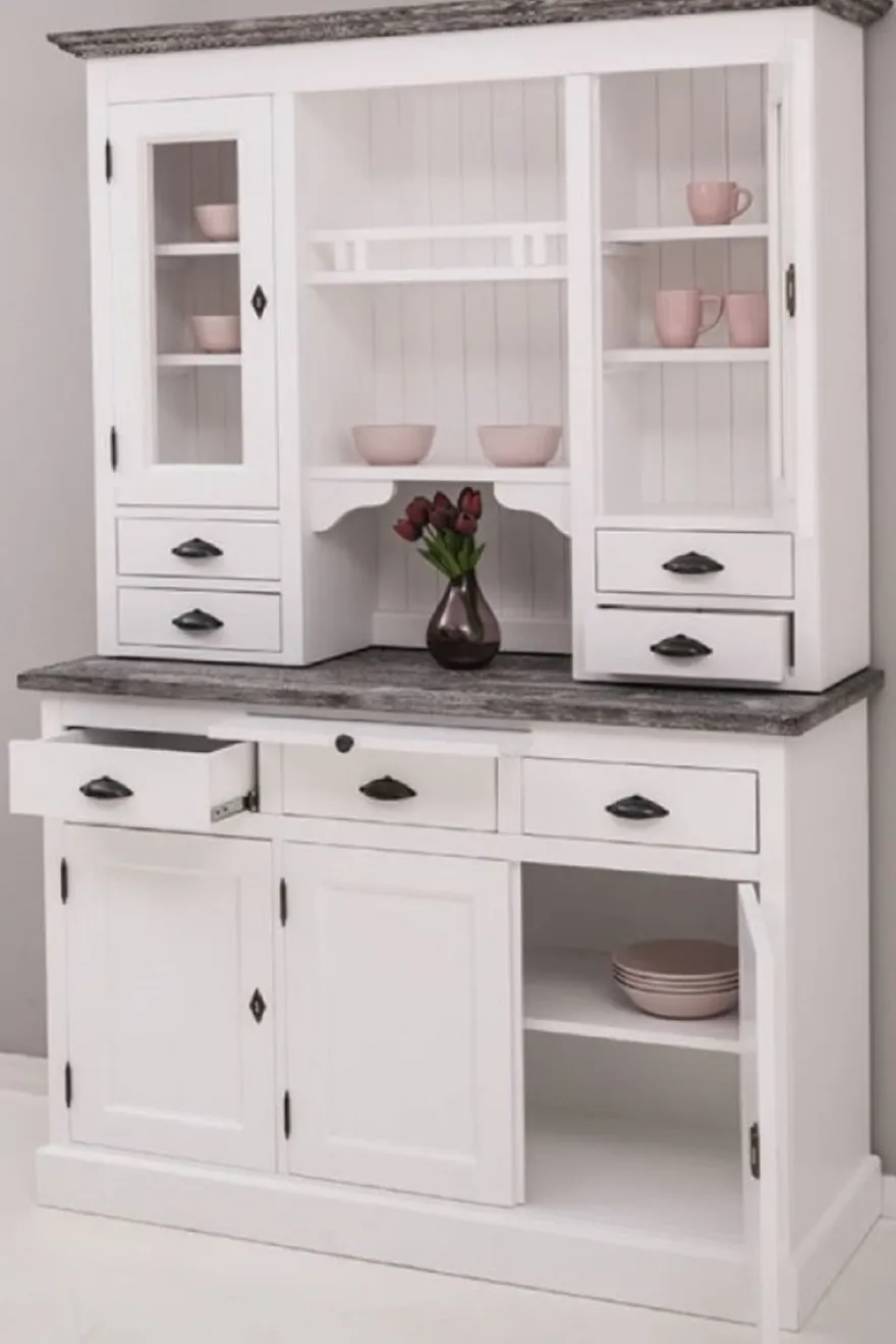 Casa Padrino Landhausstil Küchenschrank Weiß / Dunkelgrau 138 x 50 x H. 197 cm - 2 Teiliger Küchenschrank mit 5 Türen und 7 Schubladen - Landhausstil Küchenmöbel