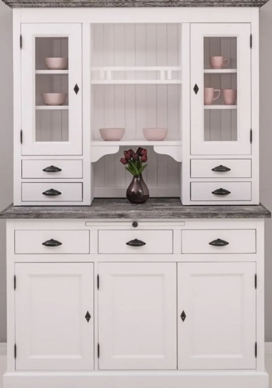 Casa Padrino Landhausstil Küchenschrank Weiß / Dunkelgrau 138 x 50 x H. 197 cm - 2 Teiliger Küchenschrank mit 5 Türen und 7 Schubladen - Landhausstil Küchenmöbel