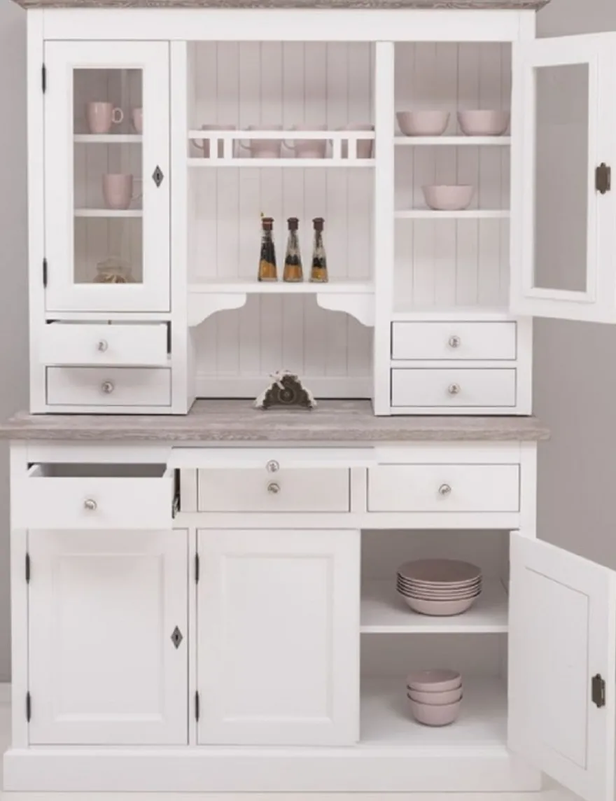 Casa Padrino Landhausstil Küchenschrank Weiß / Grau 138 x 50 x H. 197 cm - 2 Teiliger Küchenschrank mit 5 Türen und 7 Schubladen - Landhausstil Küchenmöbel