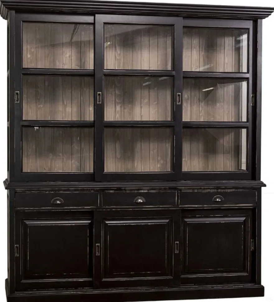 Casa Padrino Landhausstil Küchenschrank Antik Schwarz / Braun 206 x 53 x H. 219 cm - 2 Teiliger Küchenschrank mit 6 Schiebetüren und 3 Schubladen