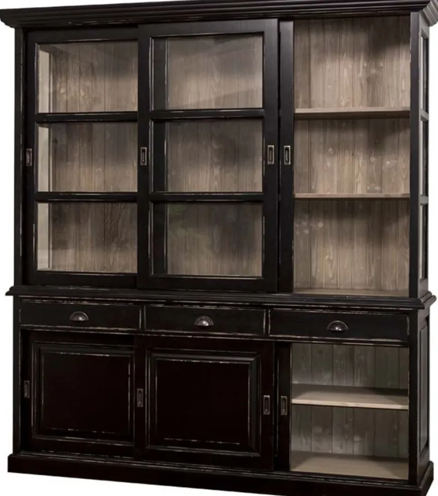 Casa Padrino Landhausstil Küchenschrank Antik Schwarz / Braun 206 x 53 x H. 219 cm - 2 Teiliger Küchenschrank mit 6 Schiebetüren und 3 Schubladen