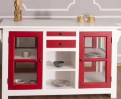 Casa Padrino Landhausstil Kücheninsel Weiß / Rot 150 x 90 x H. 90 cm - Massivholz Küchenschrank mit 4 Glastüren und 4 Schubladen - Landhausstil Küchenmöbel