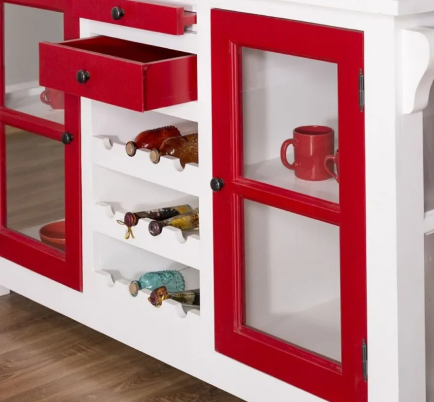 Casa Padrino Landhausstil Kücheninsel Weiß / Rot 150 x 90 x H. 90 cm - Massivholz Küchenschrank mit 4 Glastüren und 4 Schubladen - Landhausstil Küchenmöbel