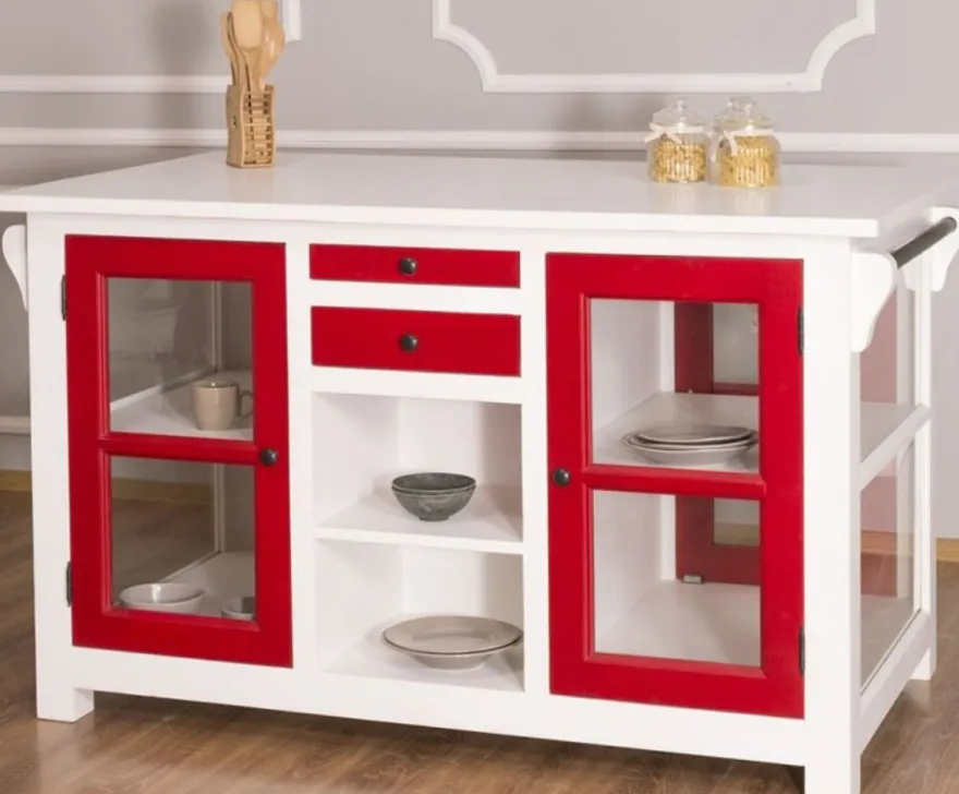Casa Padrino Landhausstil Kücheninsel Weiß / Rot 150 x 90 x H. 90 cm - Massivholz Küchenschrank mit 4 Glastüren und 4 Schubladen - Landhausstil Küchenmöbel