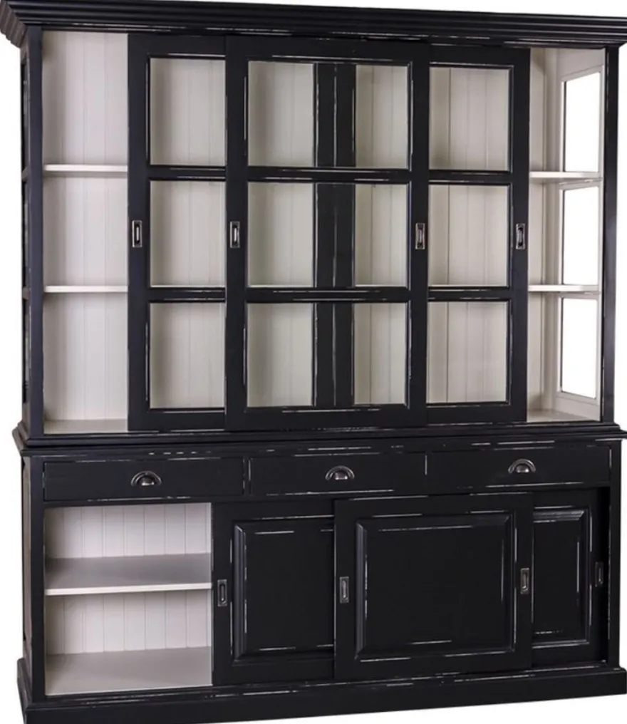 Casa Padrino Landhausstil Küchenschrank Antik Schwarz / Weiß 206 x 53 x H. 219 cm - 2 Teiliger Küchenschrank mit 6 Schiebetüren und 3 Schubladen