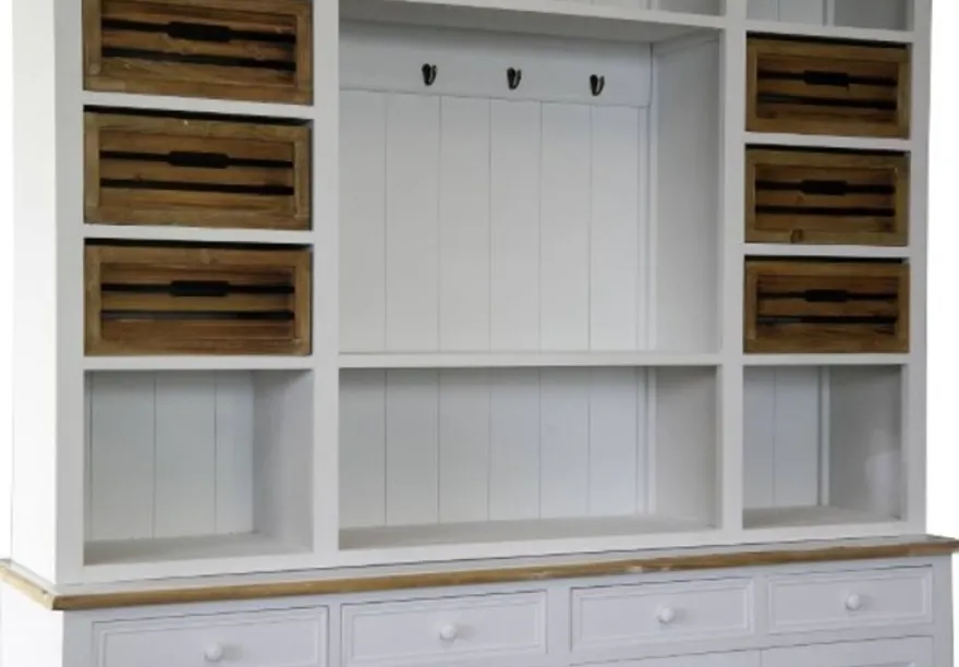 Casa Padrino Landhausstil Küchenschrank Antik Weiß / Naturfarben 160 x 43 x H. 218 cm - Massiver Küchenschrank