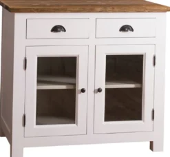 Casa Padrino Landhausstil Küchenschrank mit 2 Glastüren und 2 Schubladen Weiß / Grau / Braun 100 x 65 x H. 90 cm - Küchenmöbel im Landhausstil