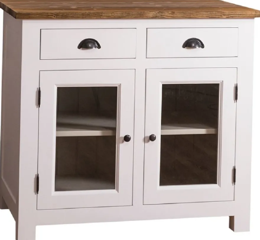 Casa Padrino Landhausstil Küchenschrank mit 2 Glastüren und 2 Schubladen Weiß / Grau / Braun 100 x 65 x H. 90 cm - Küchenmöbel im Landhausstil