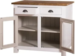 Casa Padrino Landhausstil Küchenschrank mit 2 Glastüren und 2 Schubladen Weiß / Grau / Braun 100 x 65 x H. 90 cm - Küchenmöbel im Landhausstil