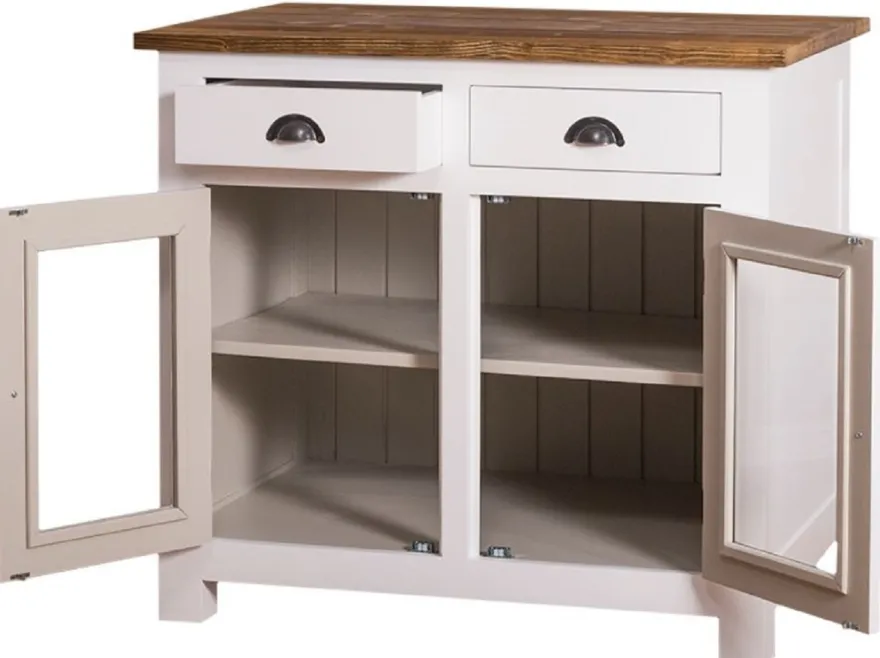 Casa Padrino Landhausstil Küchenschrank mit 2 Glastüren und 2 Schubladen Weiß / Grau / Braun 100 x 65 x H. 90 cm - Küchenmöbel im Landhausstil