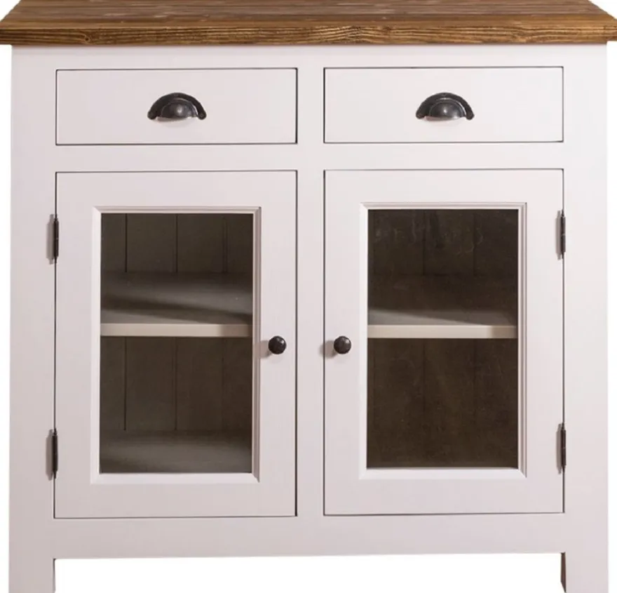 Casa Padrino Landhausstil Küchenschrank mit 2 Glastüren und 2 Schubladen Weiß / Grau / Braun 100 x 65 x H. 90 cm - Küchenmöbel im Landhausstil