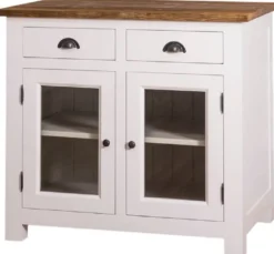 Casa Padrino Landhausstil Küchenschrank mit 2 Glastüren und 2 Schubladen Weiß / Grau / Braun 100 x 65 x H. 90 cm - Küchenmöbel im Landhausstil