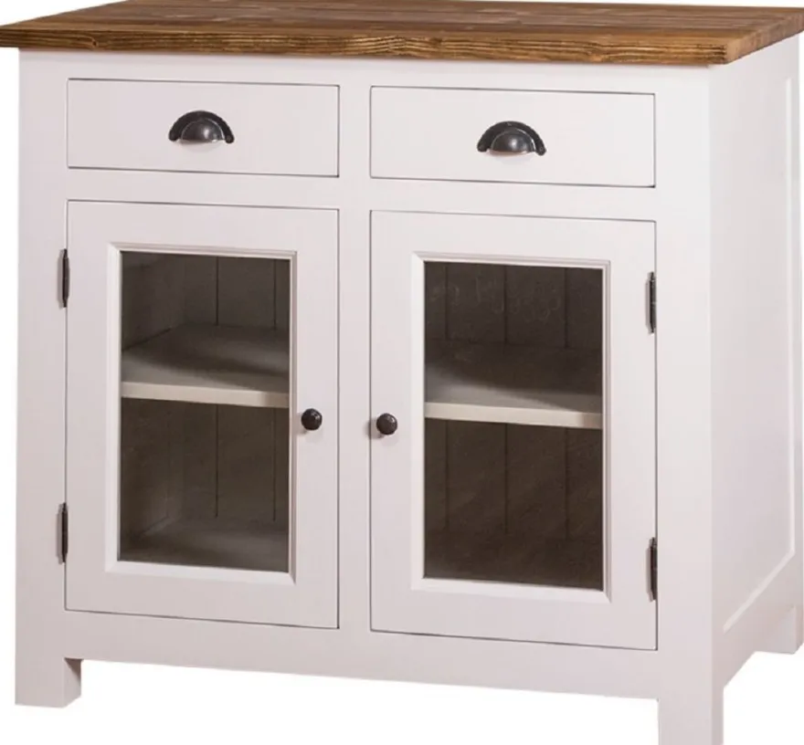 Casa Padrino Landhausstil Küchenschrank mit 2 Glastüren und 2 Schubladen Weiß / Grau / Braun 100 x 65 x H. 90 cm - Küchenmöbel im Landhausstil