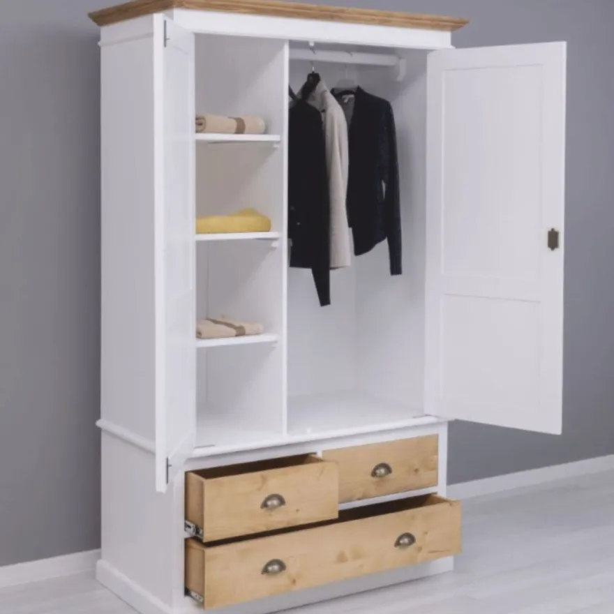 Casa Padrino Landhausstil Kleiderschrank Weiß / Naturfarben 121 x H. 197 cm - Schlafzimmer Möbel