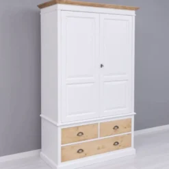 Casa Padrino Landhausstil Kleiderschrank Weiß / Naturfarben 121 x H. 197 cm - Schlafzimmer Möbel