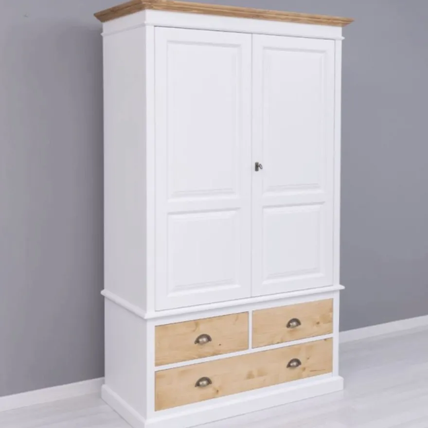 Casa Padrino Landhausstil Kleiderschrank Weiß / Naturfarben 121 x H. 197 cm - Schlafzimmer Möbel
