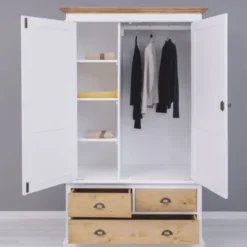 Casa Padrino Landhausstil Kleiderschrank Weiß / Naturfarben 121 x H. 197 cm - Schlafzimmer Möbel