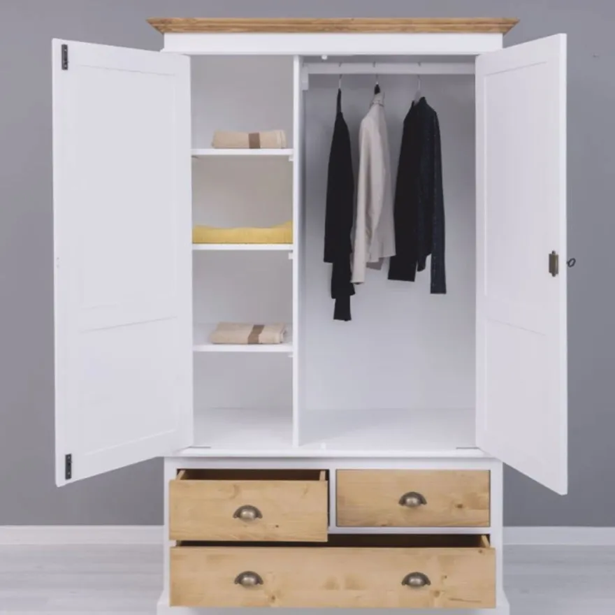 Casa Padrino Landhausstil Kleiderschrank Weiß / Naturfarben 121 x H. 197 cm - Schlafzimmer Möbel