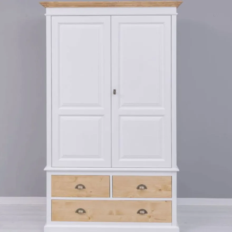 Casa Padrino Landhausstil Kleiderschrank Weiß / Naturfarben 121 x H. 197 cm - Schlafzimmer Möbel