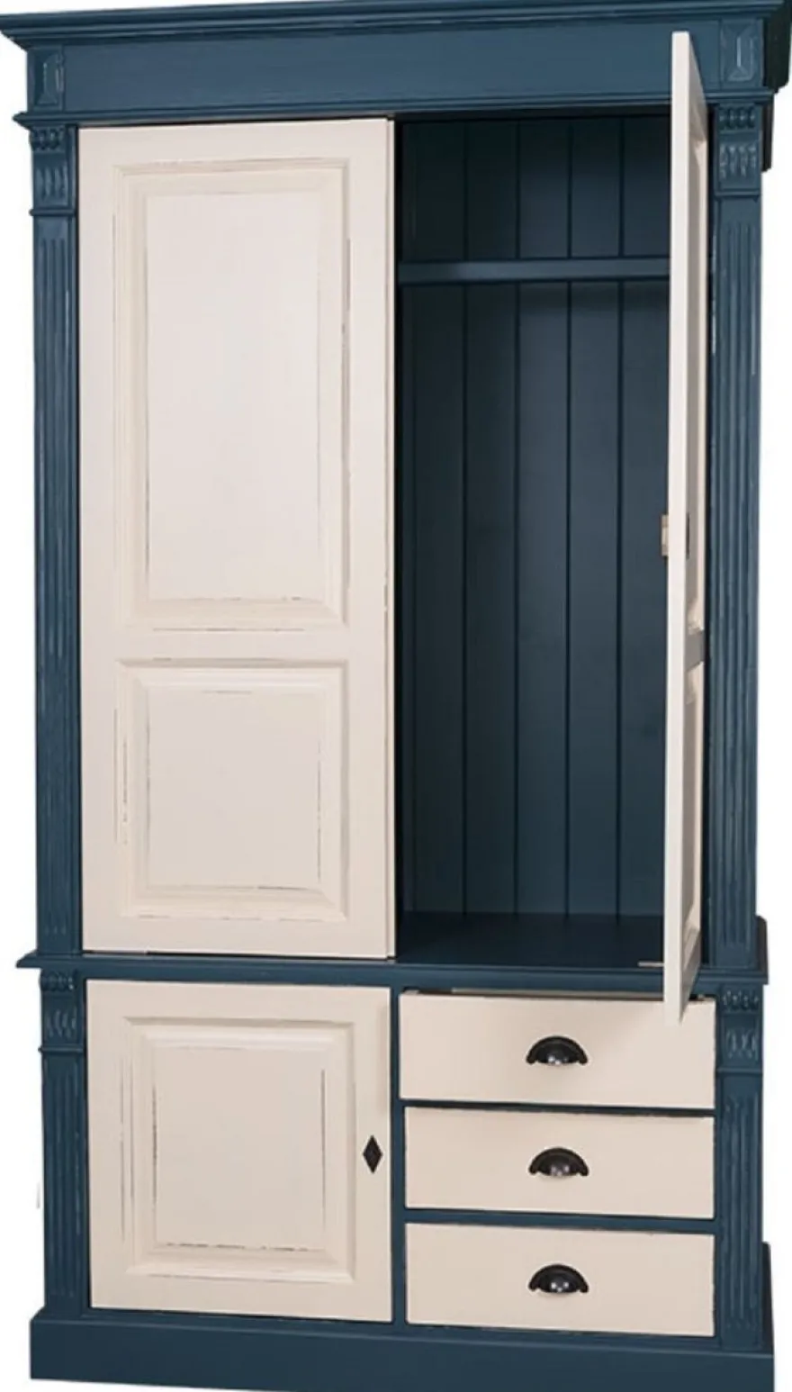 Casa Padrino Landhausstil Kleiderschrank Antik Blau / Antik Cremefarben 120 x 59 x H. 210 cm - Massivholz Schlafzimmerschrank mit 3 Türen und 3 Schubladen - Landhausstil Schlafzimmermöbel