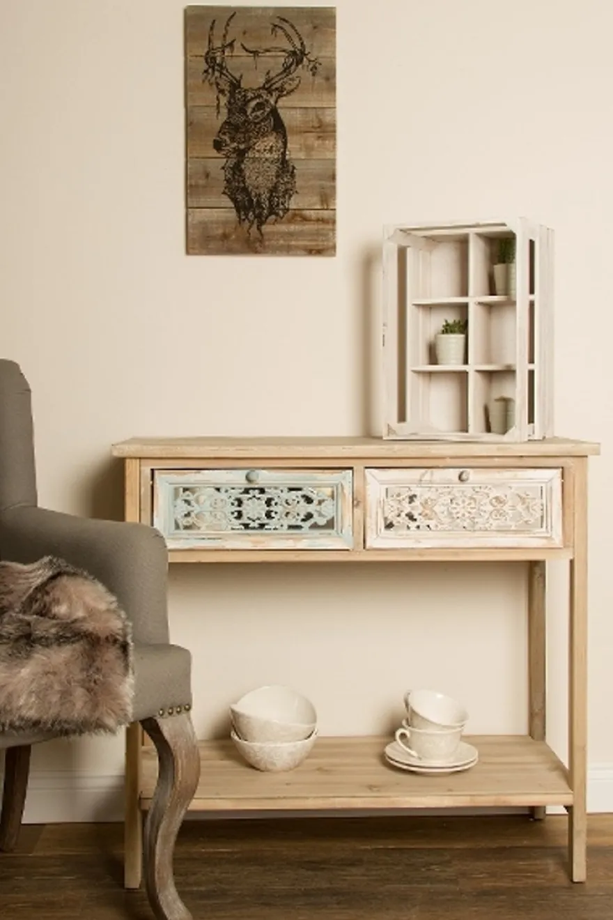 Casa Padrino Landhausstil Konsole Antik Weiß / Naturfarben 85 x 37 x H. 77 cm - Handgefertigter Shabby Chic Konsolentisch mit 2 Schubladen