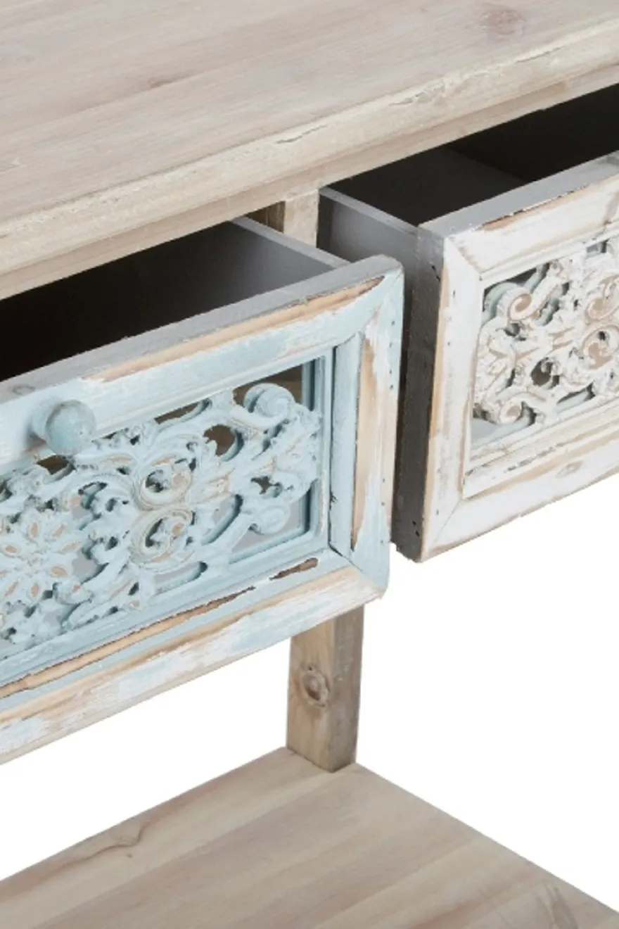 Casa Padrino Landhausstil Konsole Antik Weiß / Naturfarben 85 x 37 x H. 77 cm - Handgefertigter Shabby Chic Konsolentisch mit 2 Schubladen