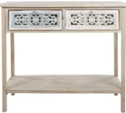 Casa Padrino Landhausstil Konsole Antik Weiß / Naturfarben 85 x 37 x H. 77 cm - Handgefertigter Shabby Chic Konsolentisch mit 2 Schubladen