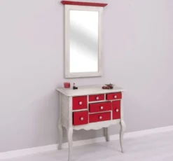 Casa Padrino Landhausstil Kommode mit Spiegel Hellgrau / Rot - Massivholz Schrank mit Wandspiegel - Landhausstil Garderoben Möbel