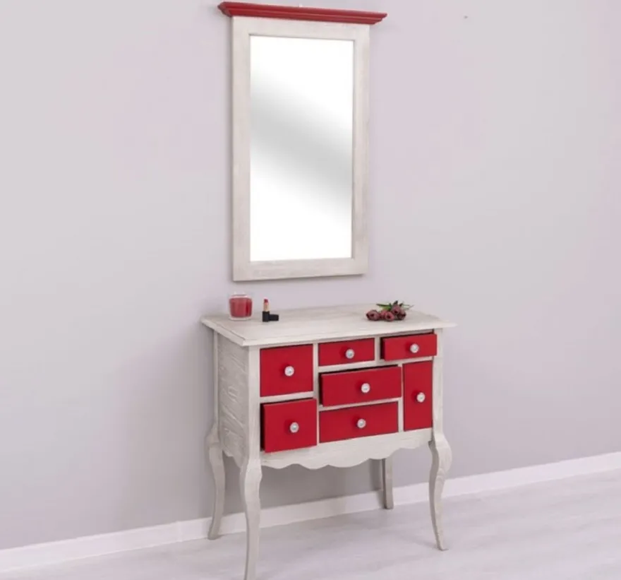 Casa Padrino Landhausstil Kommode mit Spiegel Hellgrau / Rot - Massivholz Schrank mit Wandspiegel - Landhausstil Garderoben Möbel