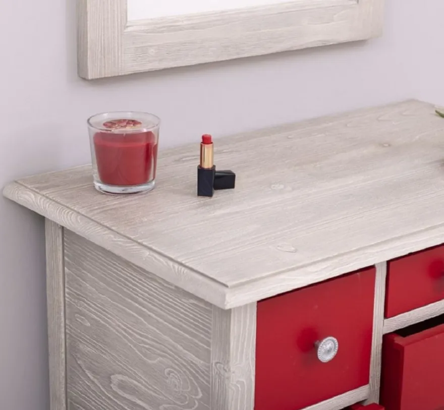 Casa Padrino Landhausstil Kommode mit Spiegel Hellgrau / Rot - Massivholz Schrank mit Wandspiegel - Landhausstil Garderoben Möbel
